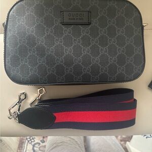 Gucci Black GG Supreme Belt Bag with Navy & Red Web Strap